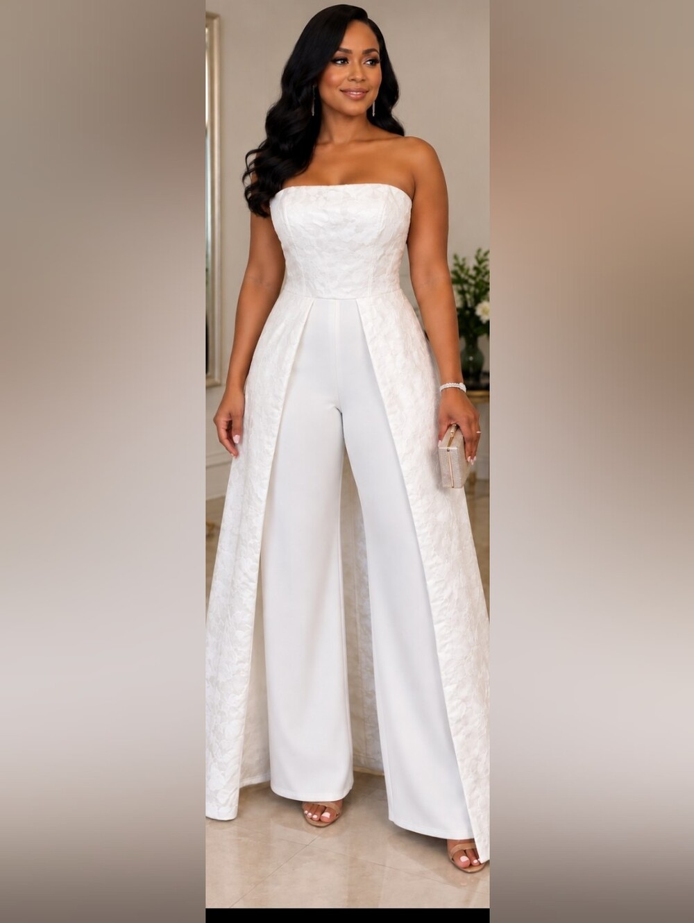 VENUS Ivory Strapless Jumpsuit with Floral Jacquard Overlay